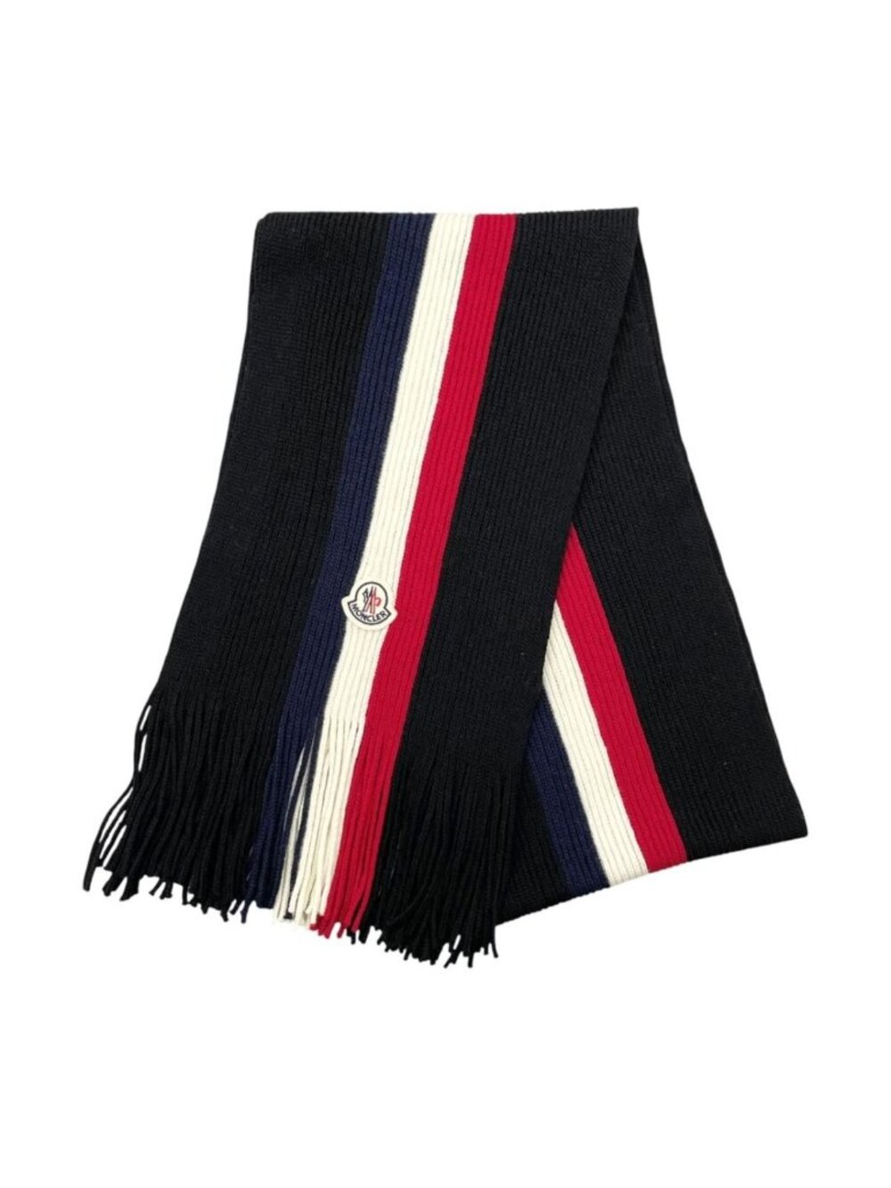 Moncler Mont Scarf Tricolor Stripe Wool Logo Patch Black Red White Navy